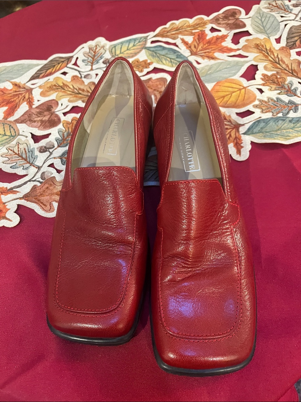 GILMAROTTI Red Leather Square-Toe Slip-On Loafers